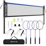 BAGAIL Outdoor Badminton Net Set with Anti-Sag Winch System - Official Size 6.1x1.55m, 4 Rackets, 3 Badminton Balls, Durable PE Net and Carrying Bag for Backyard, Beach and Family Games