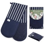 Blue Double Oven Gloves | Butcher Stripe Maximum Heat Resistant Protection | Double Oven Mitt With Silicone Non-slip Design | Machine Washable Oven Glove Home & Kitchen Accessories.