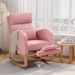 GarveeHome Teddy Fleece Rocking Chair with Footrest, Modern Nursery Glider Chair with Side Pockets and Pillow, Rocker Chair for Living Room Bedroom Nursing Room, Pink