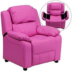 Flash Furniture Deluxe Padded Contemporary Kids Recliner with Storage Arms, Wood, Hot Pink Vinyl, 66.04 x 53.34 x 53.34 cm