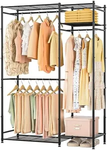 Portable Closets for Hanging Clothes, Freestanding Clothing Rack with 3 Hang Rods & 5 Shelves, Metal Wardrobe Garment Rack for Bedrooms Entrances