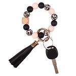 AOKSUNOVA Silicone Keychain Beaded Wristlet Key Ring Bracelet,Beaded Keychain with Leather Tassel for Women