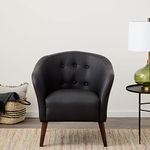 Edenbrook Collins Button Tufted Barrel Wood Legs – Upholstered Tub Chair for Living Room, Faux Black