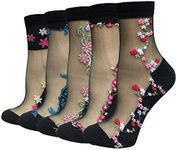 5 Pairs Women Transparent Sheer Mesh Socks Ultrathin Fishnet See Through Short Anklets Flower Patterned Silk Stockings