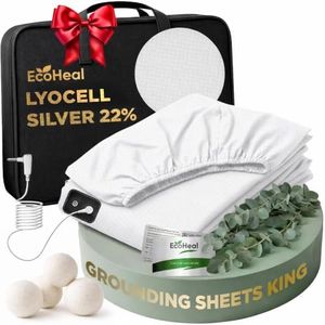 ECOHEAL Luxury Lyocell Grounding Sheets King 22% Silver Fiber, 74% Cooling Lyocell, 4% Silk, Quality Certified - Conductive Earth Fitted Sheet 15" Deep w/Wash Bag & Wool Dryer Balls, White