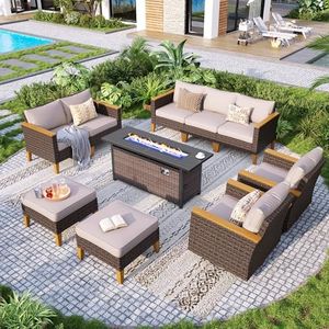 GREEN PARTY 9 Pieces Wicker Patio Furniture Set with 56" Fire Pit Table, All-Weather Outdoor Rattan Patio Sectional Sofa Conversation Set 9 Seats for Garden, Backyard, 2 x Swivel Chairs