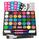 Maydear Face Painting Kit for Kids Party, 32 Colors Water Based Makeup Palette, Stencils, Glitters, Rainbow Split Cake, Hair Dye Clips, for Halloween Professional Face Body Paint Kit