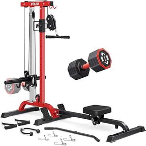 YOLEO LAT Pull Down & Rowing Machine 2-in-1, Cable Crossover Machine for Home Gym with Adjustable Weight and Seat, Multi-Function Pulley Station, 6 Attachments and 10 KG Adjustment Dumbbells