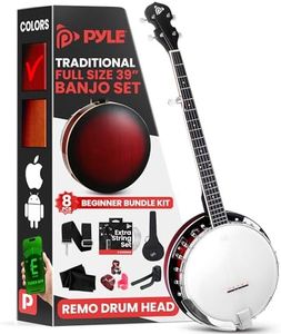 Pyle Banjo Kit with Remo Head and Sapele Resonator, 39" Full Size Traditional Open or Closed Back 5 String Instrument with 24 Brackets, Geared 5th Tuner, Premium Accessory Kit (Red Burst)