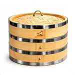 ABHAS® Natural Bamboo Steamer Basket | 18-CM 2-Tier with Lid & Stainless Steel Reinforced Rings | Ideal for Momo, Dumpling, & Dimsum | Restaurant-Style Cooking at Home