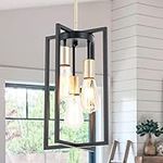 Industrial Farmhouse Pendant Lights, Rectangle 3-Light Modern Black and Golden Chandelier,Geometric Metal Cage Adjustable Rods Pendant Lighting Fixture for Kitchen Island Dining Room Living Room Foyer