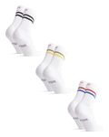 DANISH ENDURANCE 3-Pack Retro Crew Tennis Socks, Cushioned & Breathable, Sports & Everyday Wear for Men & Women, White Multicolor (1x Black Stripes, 1x Green/Yellow Stripes, 1x Red/Blue Stripes), Large