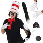 Adults Crazy Cat Fancy Dress Costume Set - Medium - Striped Red Hat, Red Bow Tie, Gloves, Black Shirt, White Gloves, Cat Nose, Thin Cat Tail, Facepaint - School Book Week World Book Day Costume