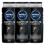 NIVEA MEN Active Clean Body Wash | 3-in-1 Men Shower Gel (Body, Face & Hair), 3x500mL