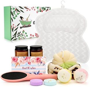 Relaxing Gifts for Women - Spa Baskets with Bath Pillow - Birthday Gift for Wife,Lover,Mom,Grandma,Sister,Friend,Coworker - Luxury 9 Pcs Home Bath Kit with Bathtub Pillow, Bath Bombs,Candle,Foot Files