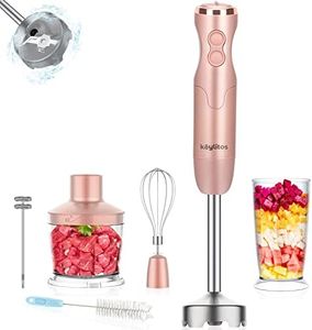 Keylitos 5-in-1 Immersion Hand Blender, Powerful 12-Speed Stick Blender with 304 Stainless Steel Blades, Chopper, Beaker, Milk Frothing Attachment and Egg Whisk, Golden Pink