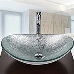 ARTETHYS Bathroom Sink, Countertop Wash Basin, Glass Vessel Washing Bowl Set with Tap, Cabinet Counter Top Sink with Faucet Pop-up Drain and Water Pipe for Vanity Cabinet Cloakroom, Oval Silver