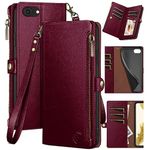 XcaseBar for iPhone SE 3rd/7/8 Wallet case with Zipper Credit Card Holder RFID Blocking, Flip Folio Book PU Leather Phone case Shockproof Cover Women Men for Apple SE case Wine Red