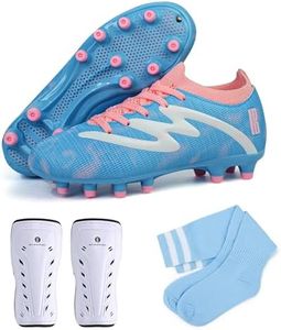 brooman Kids Firm Ground Soccer Cleats Boys Girls Football Shoes with Shin Guards and Soccer Socks (12,Blue Pink)