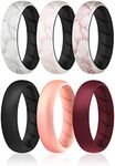 ROQ Silicone Rings for Women, Breathable Silicone Rings, Sets of 6 Bands, Unique Silicone Wedding Ring for Women, Medical Grade Silicone Rubber Band - Black, Marble, Maroon, Rose Gold Colors - Size 5