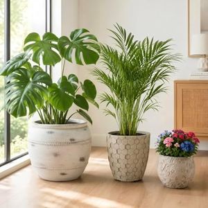 ShangDemonMaster Round Concrete Style Planter Set of 3, Large Outdoor Flower Pots with Drainage, Stone Texture Plant Pots for Indoor Outdoor Garden, Patio & Balcony Décor (3, Stone White)