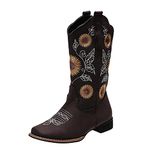 PAIDAXING Cowboy Boots for Women Sunflower Floral Embroidered Square Toe Wide Calf Faux Leather Low Heels Classic Western Cowgirl Boots UK Size 4.5-7