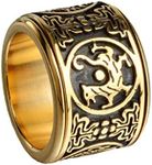 PAMTIER Stainless Steel Vintage Ring for Men Chinese Ancient 4 Guardian Beasts Signet Band 16mm Rotatable Gold Black Size 9