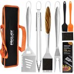 Grilljoy 8PCS Heavy Duty BBQ Grill Tools Set with Extra Thick Stainless Steel Spatula, Fork, Tongs & Cleaning Brush - Complete Barbecue Accessories Kit with Portable Bag - Perfect Grill Gifts for Men