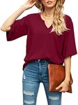 SUEANI Women's Blouse Tops Loose V Neck 3/4 Bell Sleeve Shirt, C-06- Wine Red, Small