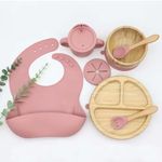 Bamboo/Silicone 9-Piece Baby Led Weaning Set: Non-Toxic, Anti-Slip, Durable, Easy to Clean. Includes Bowl, Bib, Cup with Straw, Plate, Spoon/Fork. Perfect for Toddlers and Self-Feeding (Pink)