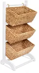 BIRDROCK HOME 3 Tier Abaca Storage Cubby (Natural) - 3 Baskets Made of Durable Seagrass Fiber - Solid Wood Frame - Child Pet Dog Toy Food Storage Organizer Shelf - Kitchen Vertical Rack Unit Stand