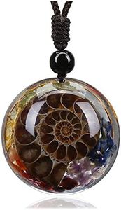 Jovivi 7 Chakra Gemstone Reki Healing Crystal Necklace Round Circle Shape Ammonite Fossil Chip Stones Resin Pendant Necklace for Women Men Jewelry Christmas Gifts