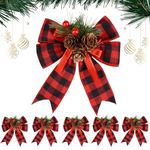 GEBETTER 6 pcs Christmas Red Plaid Rows Large Red Bows Polyester Red Ribbons with Pine Cone Buffalo Plaid Red Bows for Christmas Tree Decorations Christmas Home Decor