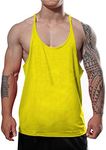 GYMAPE Men's Gym Stringer Singlet Stretchy Bodybuilding Workout Tank Top Cotton Pure, Yellow, S