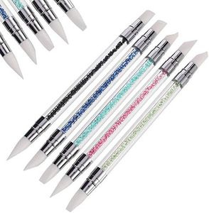 Fuyamp Acrylic Nail Art Brush Set, 5Pcs Different Shaped Dual Silicone Head Dotting Detailing Pen Brushes Carving Tools Bright Rhinestone Nail Liner Brush Painting Pen Home Salon Nail Art Accessories