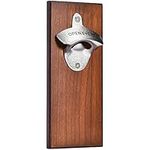 Bruntmor Wall Mount Bottle Opener - 7.87" x 2.75" x 0.55" Portable Mountable Beer Opener - Wooden Magnetic Beer Cap Catcher - Auto-Catch Cap Function & Space-Saver - Vintage Beer Caddy for Men & Dad