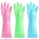 3Pairs Rubber Gloves Reusable Dishwashing Gloves Soft Waterproof Household Cleaning Gloves Non-Slip Kitchen Gloves for Dishwashing Laundry Cleaning-Pink, Green, Blue(Medium)