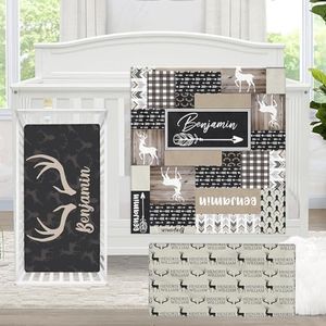 KAINSY Custom Baby Crib Bedding Set, 3 Pcs Personalized Baby Crib Sets with Baby Name, Brown Woodland Deer Infant Bedding Set, Nursery Bedding Set for Baby Boys, Customized Gifts for Toddlers Kids