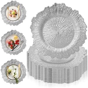 PROY 100 Pcs Silver Charger Plates Bulk, 13" Silver Reef Charger Plates for Wedding, Thanksgiving, Christmas, Plastic Chargers for Dinner Plates