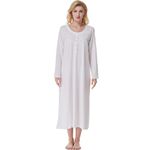 Keyocean Nightgowns for Women, Soft 100% Cotton Knit Nightgowns, Comfy Long-Sleeve Ladies Sleepwear Gown for Mom, Cream With Pink Dots, Small