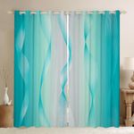 Gradient Teal and Greyish White Blackout Curtains Ombre Curtains & Drapes,Spiral Silver Print Wave Striped Pattern 2 Panels 42" Wx63 L Curtains,Abstract Art Room Decor Aesthetic