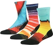 HUSO Funky Socks Crew Art Pattern Print Sweat Wicking Athletic Left Right Mid Cut Socks for Men 3 Pairs (Multicolor, L/XL)