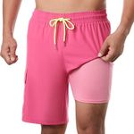 BRISIRA Mens Swim Trunks 9 Inch Bathing Suit Compression Boxer Brief Liner Board Shorts Anti-Chafe Quick Dry Cargo Pocket Pink