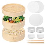 61 PCS 8 Inch 2 Tier Bamboo Steamer, Bamboo Steamer Basket, Dim Sum Basket, with 1Ring Adapter, 2Reusable Silicone Liner, 2 pairs of chopsticks, 2Sauce Dishes, 50Paper Liners, 1Ring