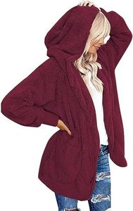 Womens Winter Fuzzy Hooded Cardigans Long Sleeve Jacket Open Front Sherpa Coat with Pocket(Burgundy,XXL)