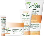 Brand Simple Protect and Glow Bundle Set includes Clay Mask 50ml, Clay Polish 150ml, Face Moisturiser Triple Protect SPF 30 40ml and Face Hydrating Gel 50ml