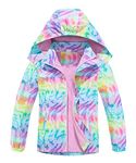 CAMLAKEE Girls Waterproof Jackets Kids Raincoats FLeece Lined Printed Hooded Coat Outdoor Windbreaker Pink UK:7-8 years (manufacturers's size: 130)