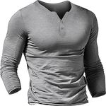 Mens Long Sleeve Henleys T-Shirts Buttons Placket Plain v Neck Cotton Shirts Cotton Style B Grey M