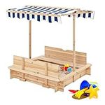 Costzon Kids Wooden Sandbox with Convertible Canopy, Cedar Square Cabana Sandbox with Cover, 2 Bench Seats w/Backrest, Children Outdoor Playset Sandpit for Backyard, Home, Lawn, Garden, Beach