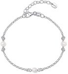 Amberta Women 925 Sterling Silver Freshwater Pearl Bracelet: Silver Pearl Chain Bracelet with 4-5 mm Pearls